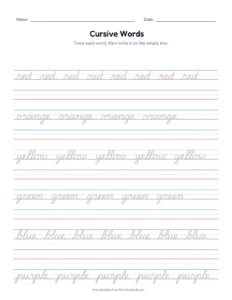 Cursive Color Words printable worksheet for grades 2 to 4