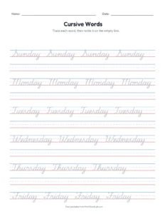 Cursive Days of the Week printable worksheet for grades 2 to 4