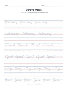 Cursive Months of the Year printable worksheet for grades 2 to 4