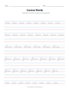 Cursive Number Words printable worksheet for grades 2 to 4