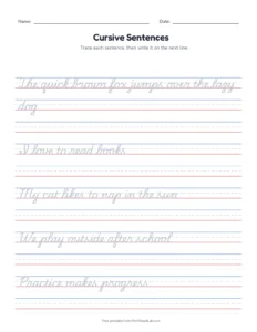 Cursive Sentences printable worksheet for grades 2 to 4