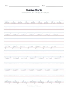 Cursive Sight Words printable worksheet for grades 2 to 4