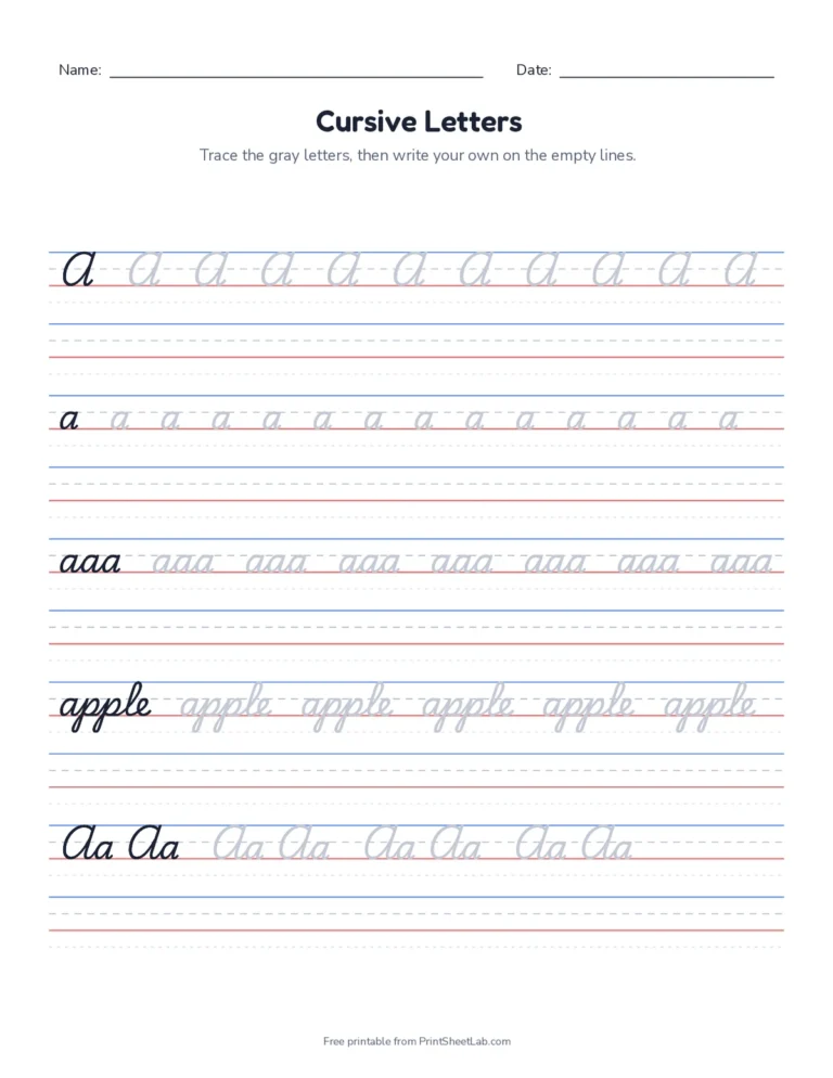 Cursive alphabet A to Z printable worksheet on handwriting lines