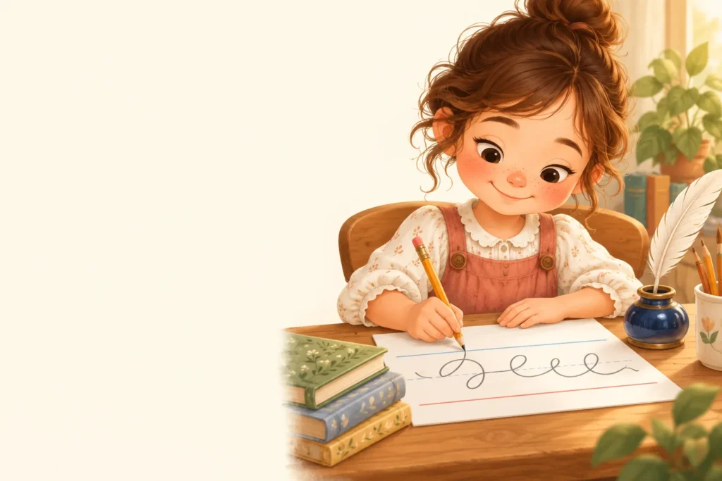 Child practicing cursive loops on lined handwriting paper beside an inkwell and quill
