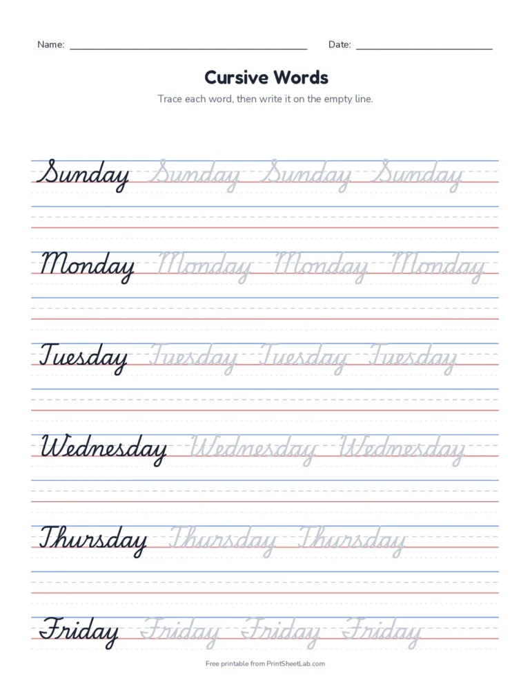 Days of the week in cursive printable worksheet on handwriting lines