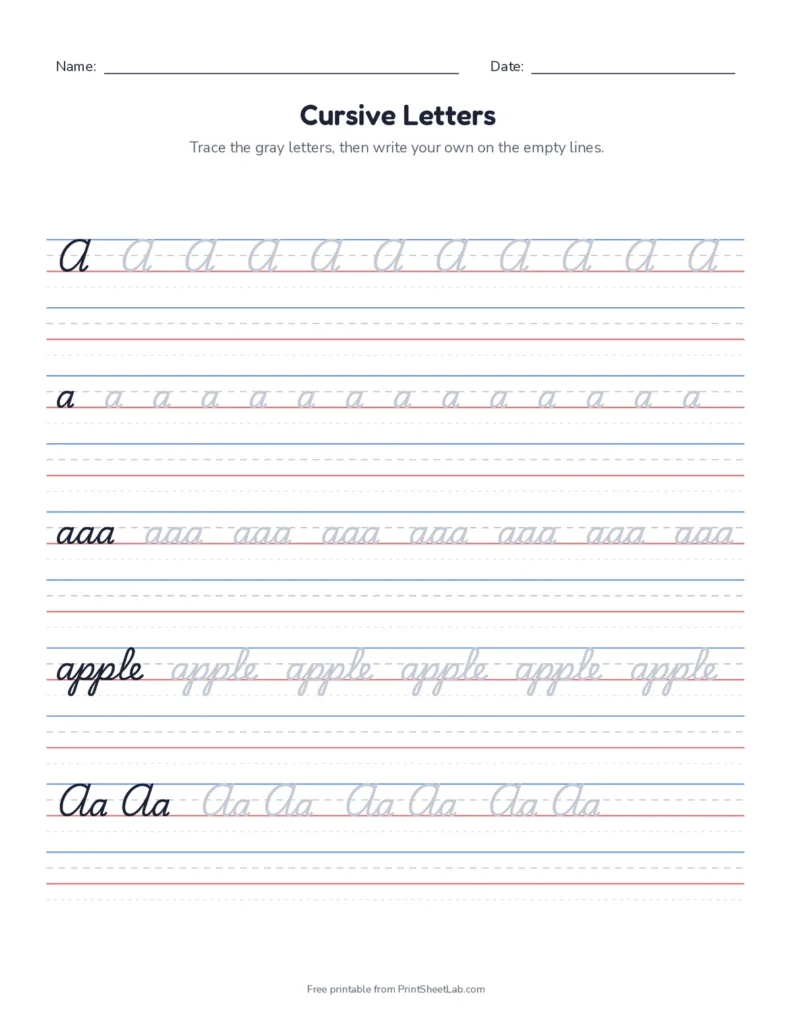 Cursive letter a printable worksheet on handwriting lines