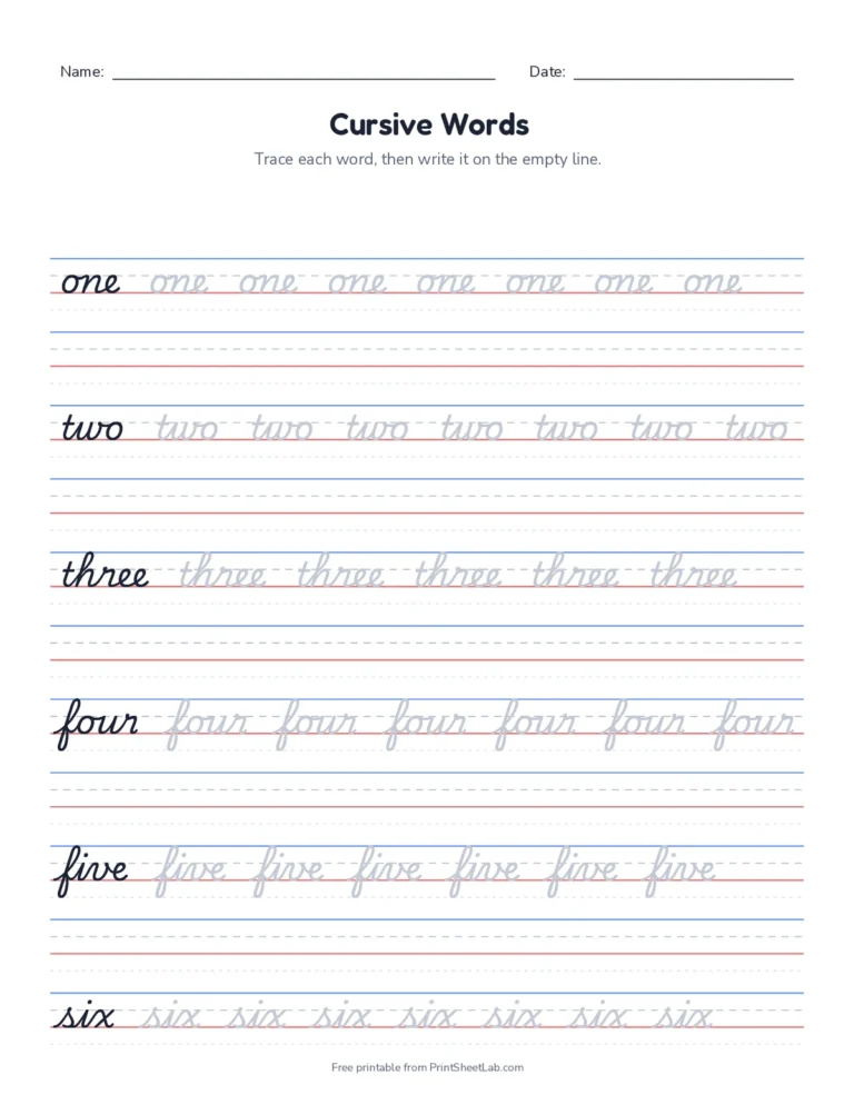 Number words in cursive printable worksheet on handwriting lines