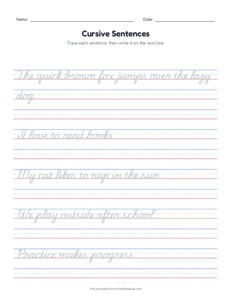 Cursive sentences printable worksheet on handwriting lines
