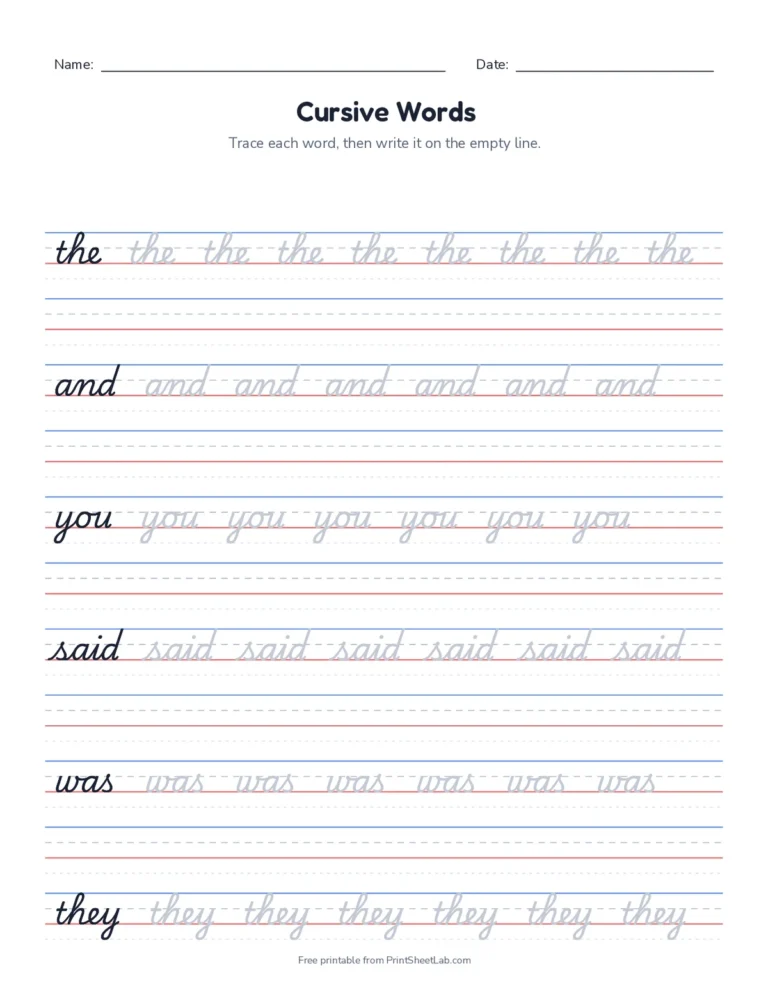 Sight words in cursive printable worksheet on handwriting lines