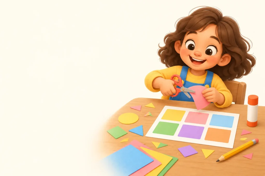 Child cutting colorful paper pieces with safety scissors next to a glue stick