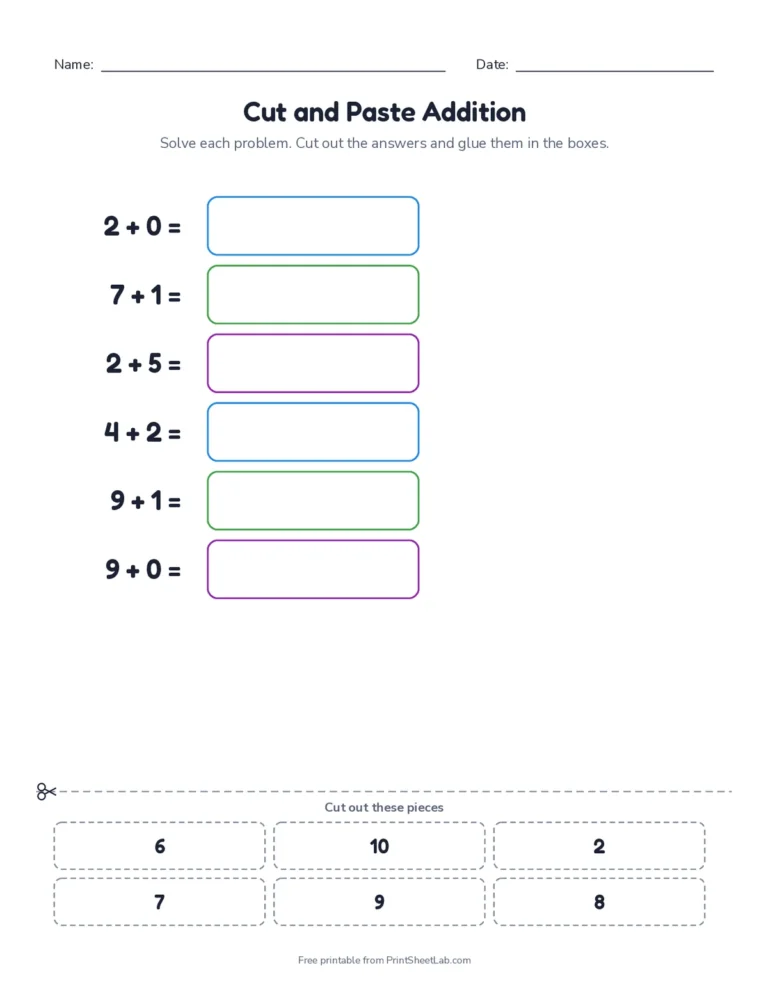 Cut and paste addition cut and paste worksheet with answer key