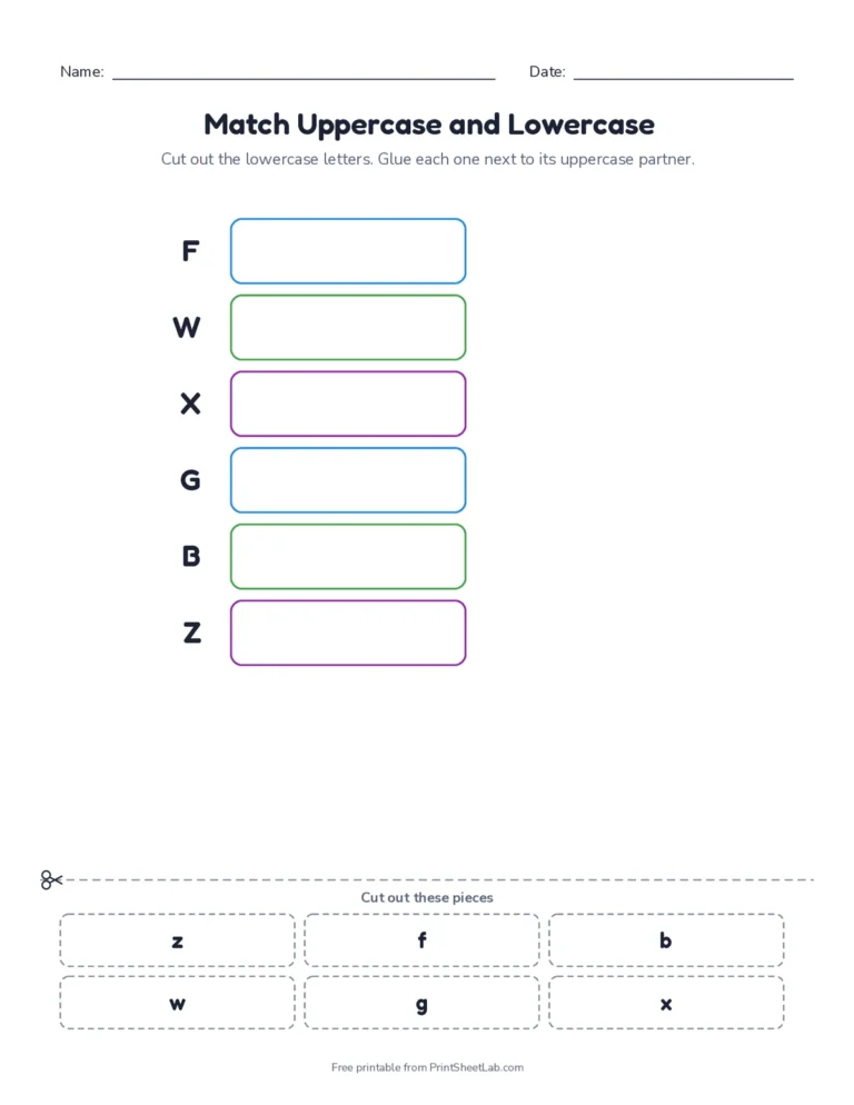 Uppercase and lowercase match cut and paste worksheet with answer key