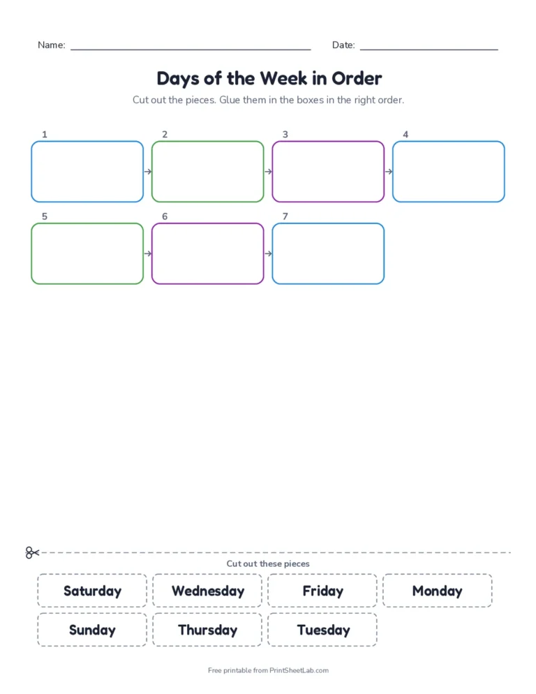 Days of the week in order cut and paste worksheet with answer key