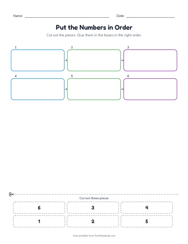 Numbers in order cut and paste worksheet with answer key