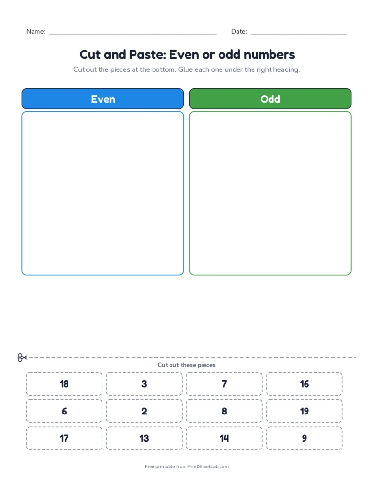Even or odd sort cut and paste worksheet with answer key