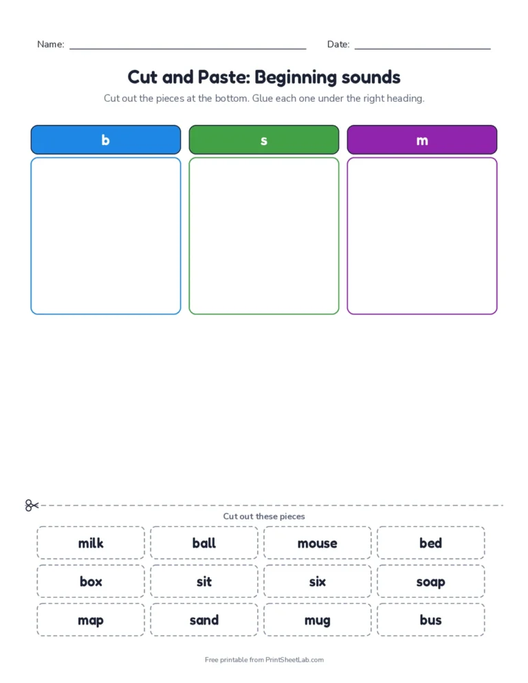 Beginning sounds sort cut and paste worksheet with answer key