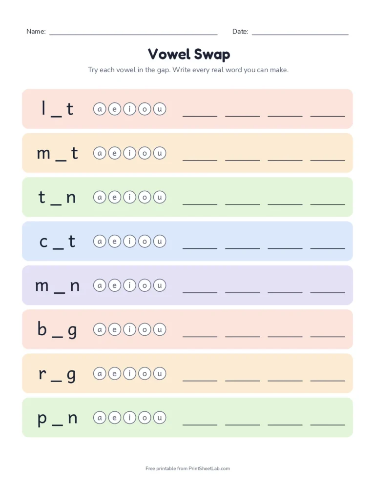 CVC words vowel swap worksheets: try a, e, i, o and u in each gap and write the real words, with answer key
