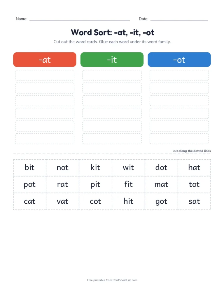 Cut and glue word family sorts comparing -at, -it, -ot, -ut, -et, -ig, -op and -un words