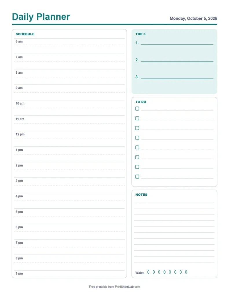 Daily planner printable with an hourly schedule, top 3, to-do list and notes in the teal color theme