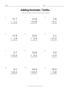 Adding Decimals: Tenths printable worksheet for grade 5