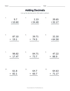 Common Core math worksheets: grade 5 adding decimals
