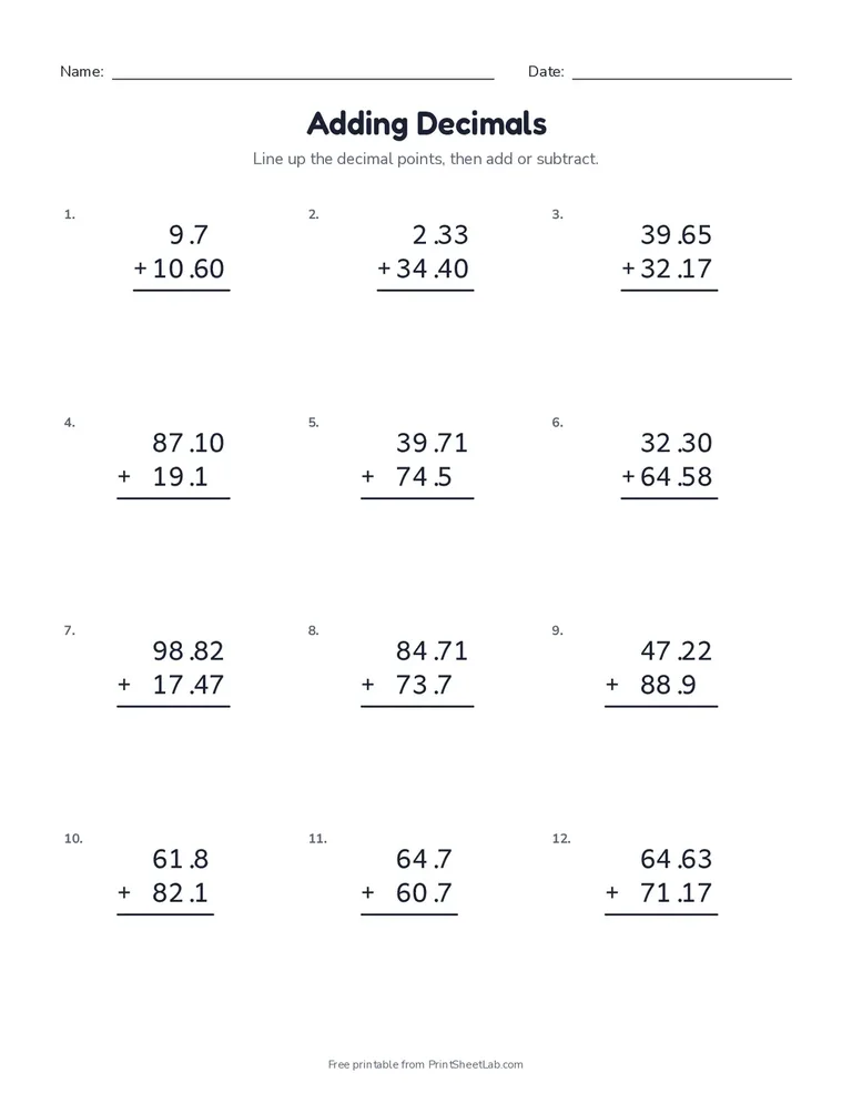 Adding Decimals printable worksheet for grade 5