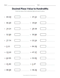 Decimal Place Value to Hundredths printable worksheet for grades 4 and 5