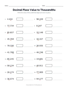 Decimal Place Value to Thousandths printable worksheet for grades 4 and 5