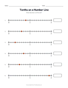Tenths on a Number Line printable worksheet for grade 4