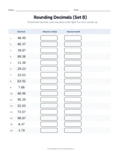 Rounding Decimals (Set B) printable worksheet for grades 4 and 5