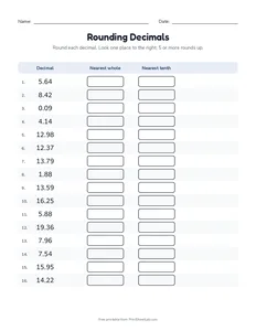Rounding Decimals printable worksheet for grades 4 and 5