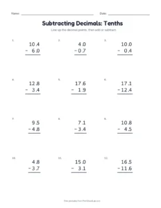Subtracting Decimals: Tenths printable worksheet for grade 5