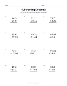 Subtracting Decimals printable worksheet for grade 5
