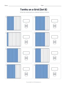 Tenths on a Grid (Set B) printable worksheet for grade 4