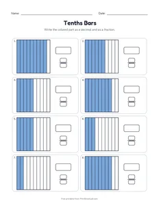 Tenths Bars printable worksheet for grade 4