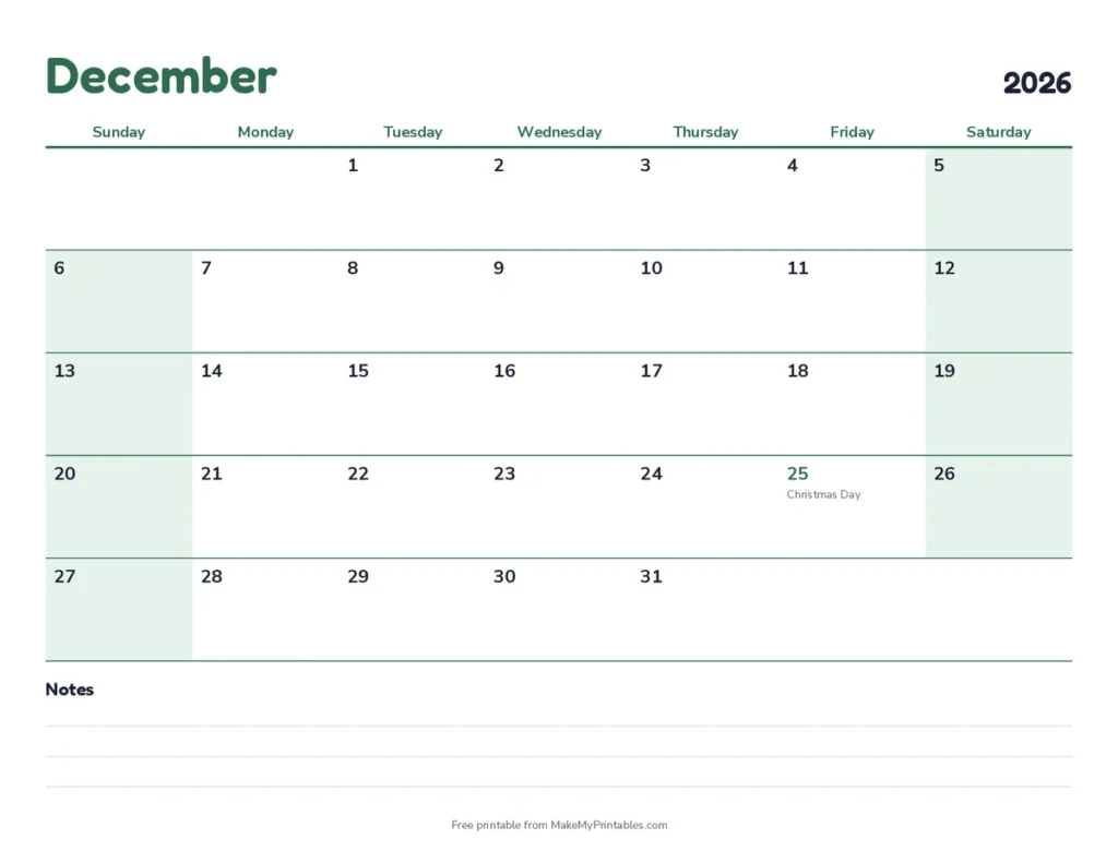 December 2026 calendar printable in the modern green design with Christmas Day on Friday December 25 marked and weekends shaded