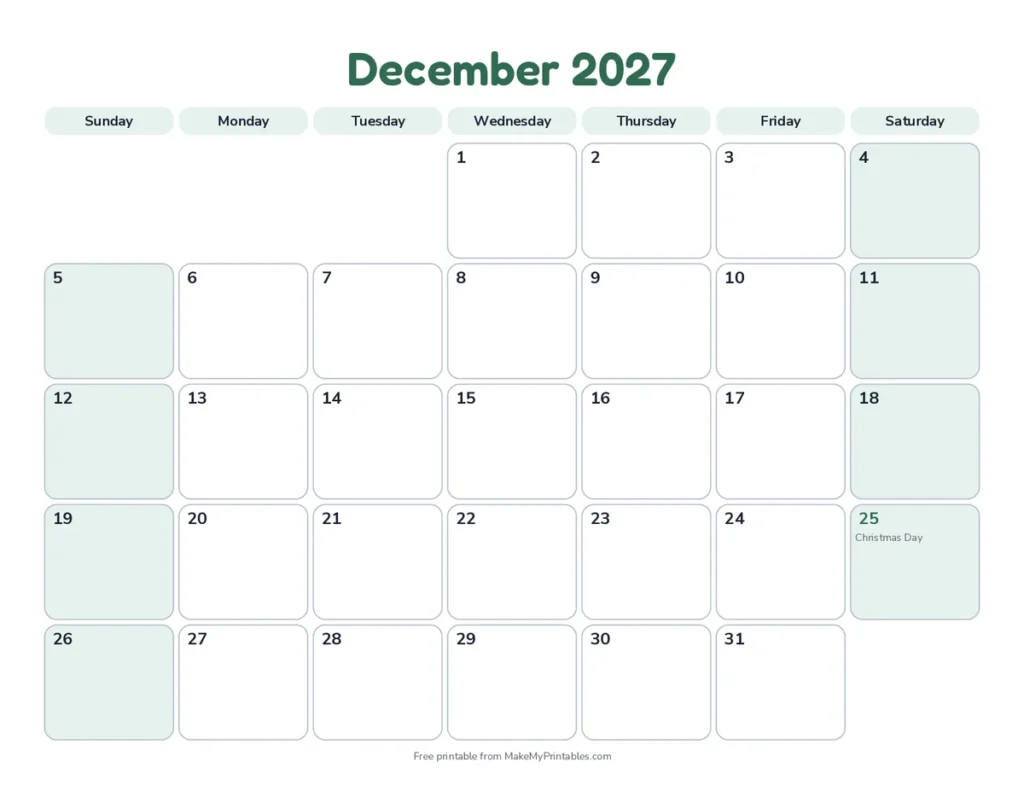 December 2027 calendar printable in the playful design with a forest color theme with Christmas Day and New Year's Day 2028 (observed) marked