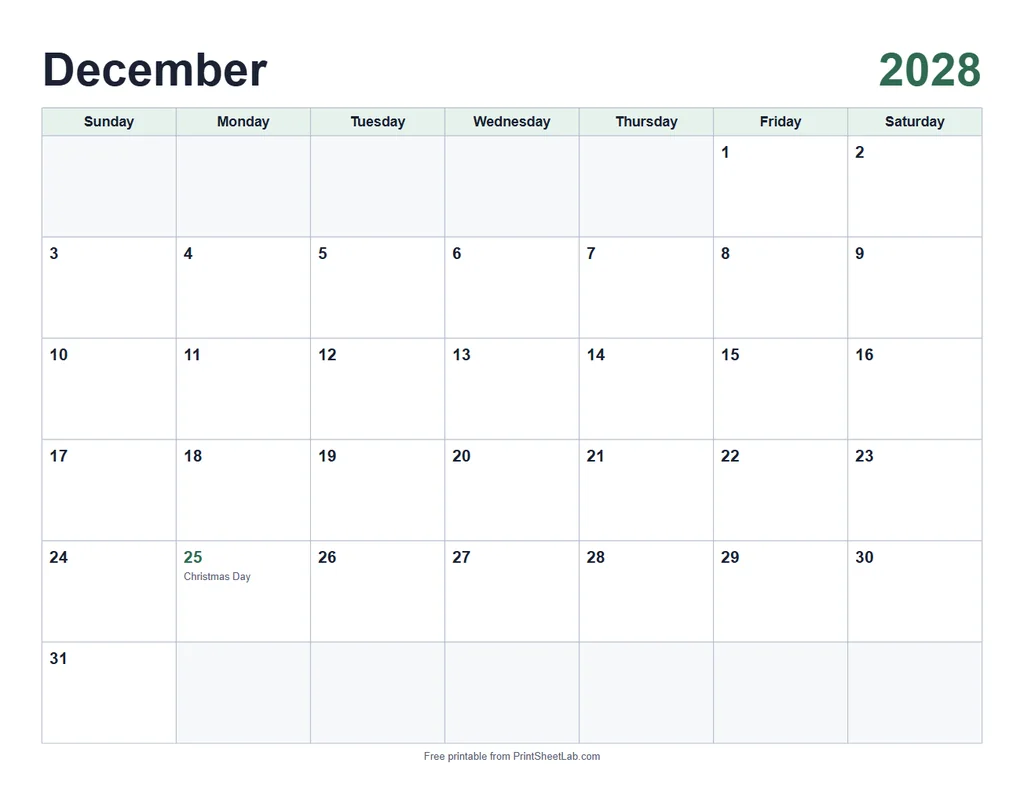 December 2028 calendar printable in the classic design with a forest color theme