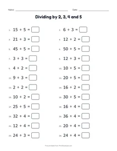 Dividing by 2, 3, 4 and 5 printable worksheet for grades 2 and 3