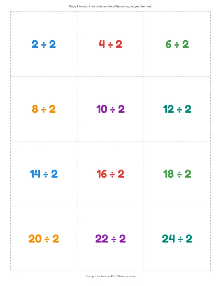 Printable division flash cards, 108 cards, double-sided