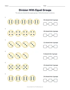 Division With Equal Groups printable worksheet for grades 2 and 3