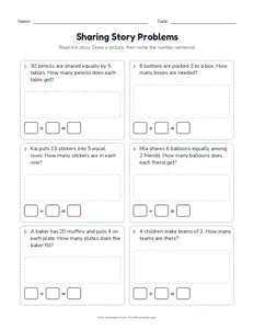 Sharing Story Problems printable worksheet for grades 2 and 3
