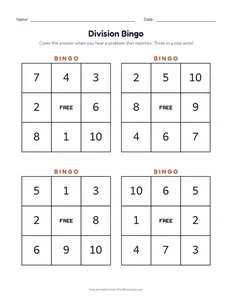 Division Bingo printable worksheet for grade 3