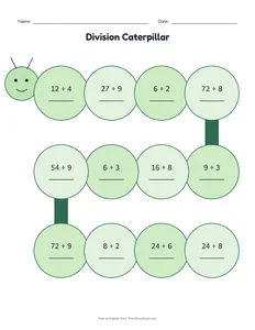 Division Caterpillar printable worksheet for grade 3