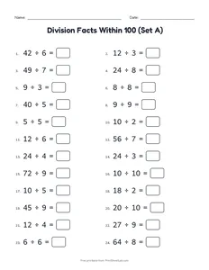 Division Facts Within 100 (Set A) printable worksheet for grade 3