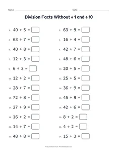 Division Facts Without ÷ 1 and ÷ 10 printable worksheet for grade 3