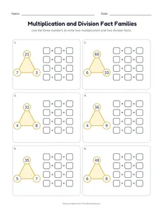 Multiplication and Division Fact Families printable worksheet for grade 3