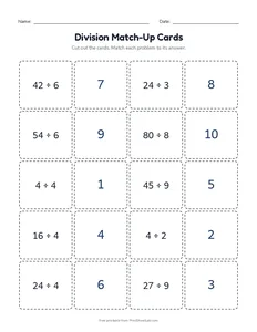 Division Match-Up Cards printable worksheet for grade 3