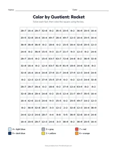 Color by Quotient: Rocket printable worksheet for grade 3