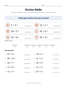 Division Riddle printable worksheet for grade 3
